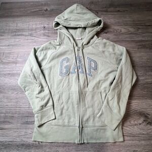Gap Hoodie Women Medium Sage Green Floral Logo Full Zip Sweatshirt L61